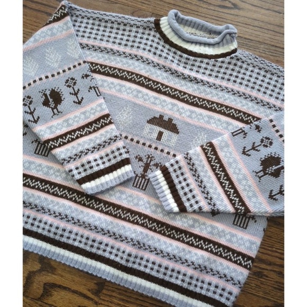 Vtg Hot Cashews 80s Cottagecore Fairisle Farm The Little House Theme Sweater M - Picture 1 of 9